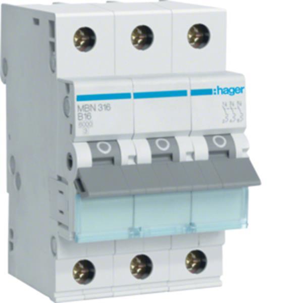 Hager LS-Schalter 3 polig 6kA B-16A 3M