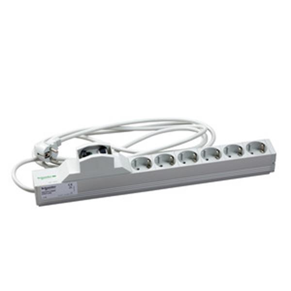 Actassi, 1HE Stromverteilerschiene, 6 Steckdosen+Differentialschutz 30mA 19P VDE